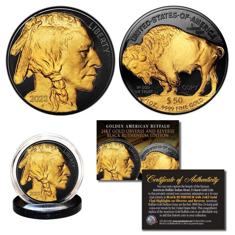 2023 24k gold cladblack ruthenium 50 american gold buffalo indian head tribute coin 577875