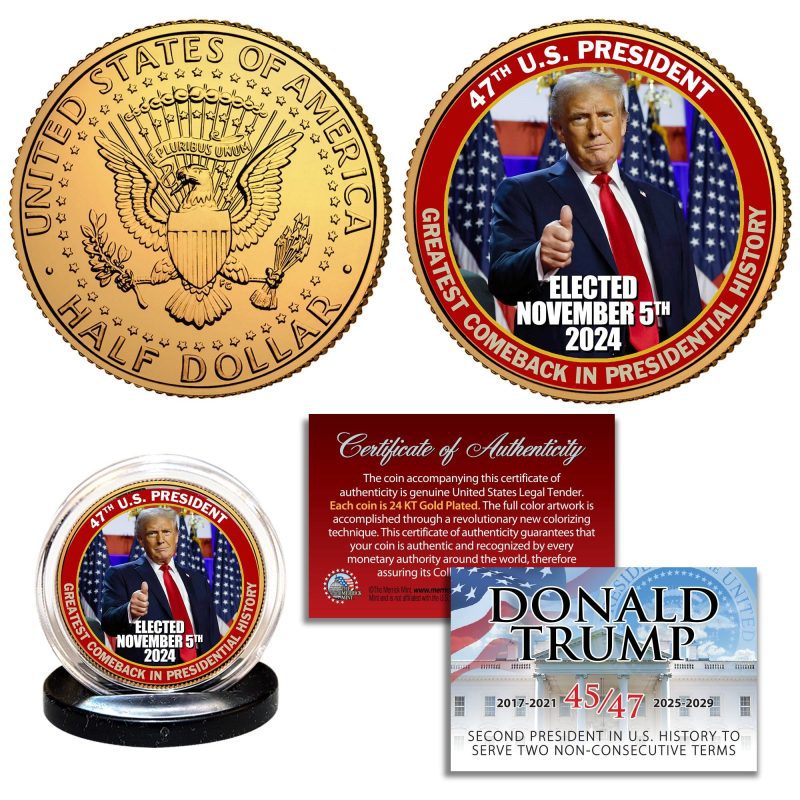 DONALDTRUMP THUMBSUP JFKHALFDOLLAR47THPRES.GREATESTCOMEBACKNOV.5 24 GOLDPLATED